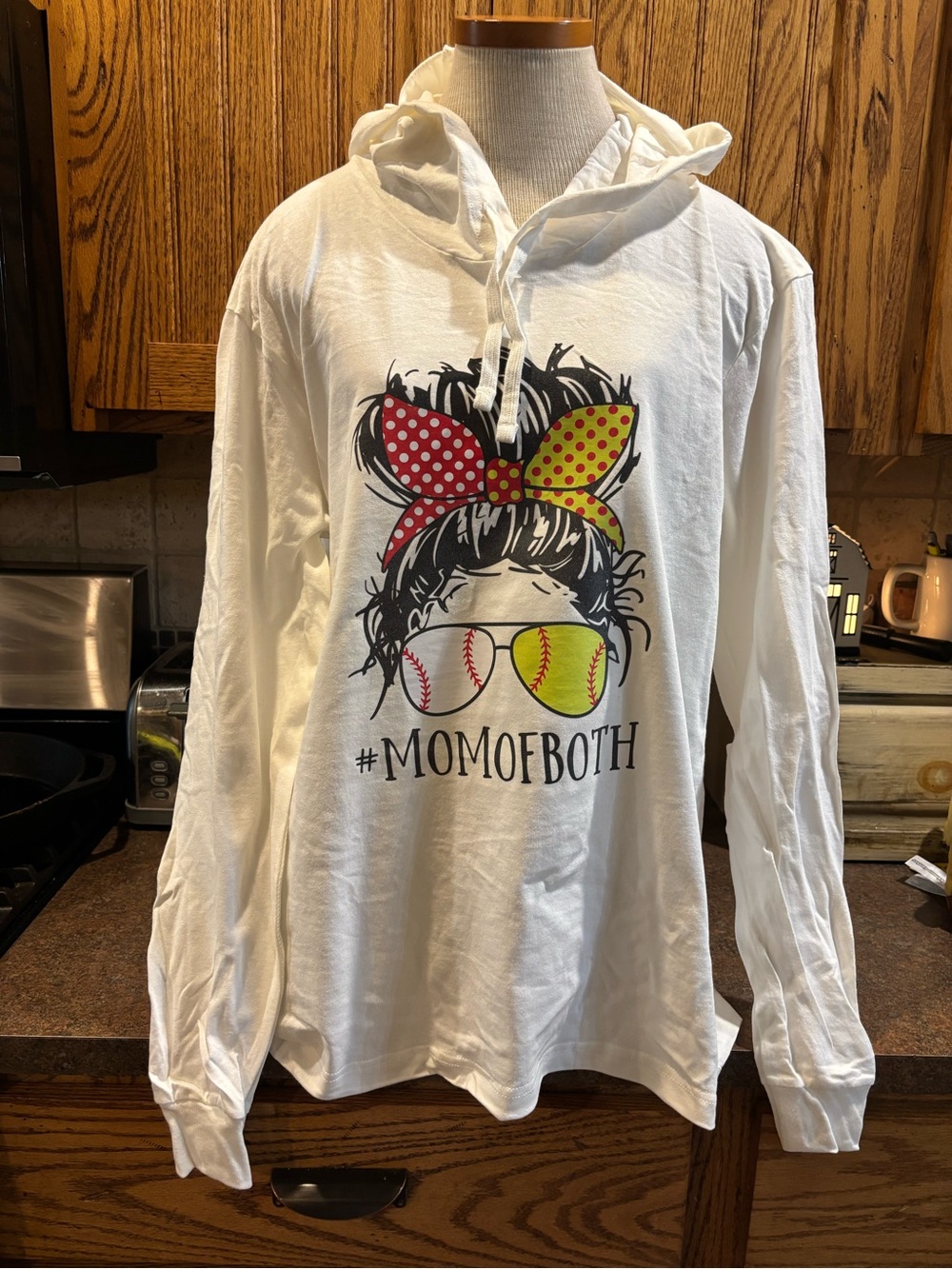 American Apparel White Long-Sleeve Hoodie Tee with Red & Yellow Graphic
